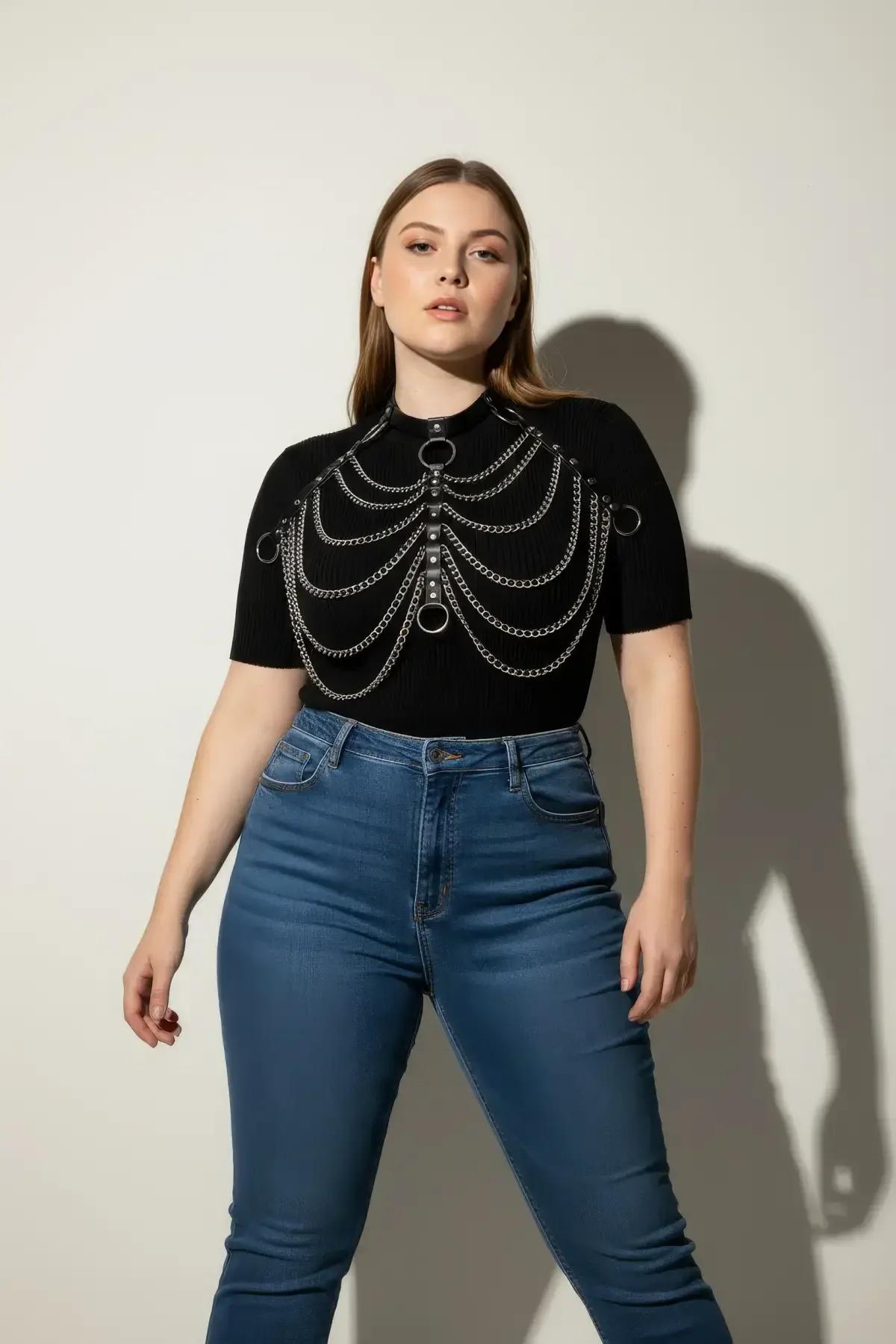 Faux Leather Choker Harness with Cascading Chains