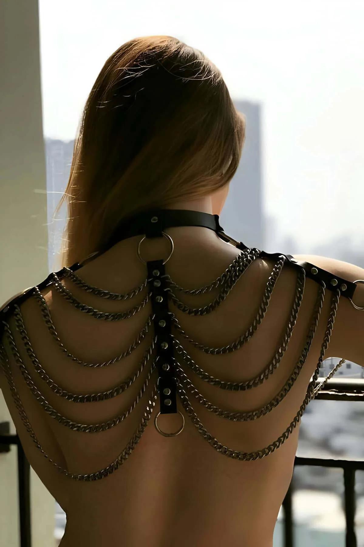 Body Harness with Leather & Draped Chains: Adjustable Fit
