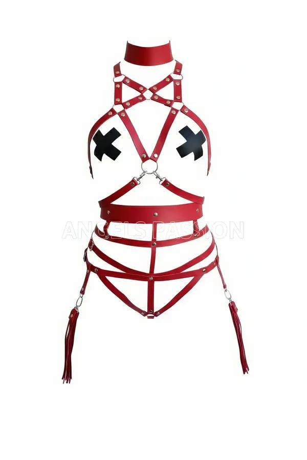 Red Faux Leather Body Harness with Choker and Leg Straps