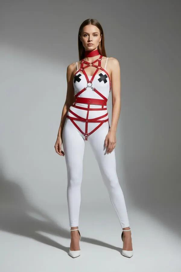 Red Faux Leather Full Body Harness with Choker & Tassels