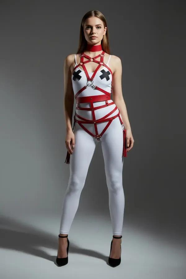 Red Faux Leather Full Body Harness with Choker & Tassels