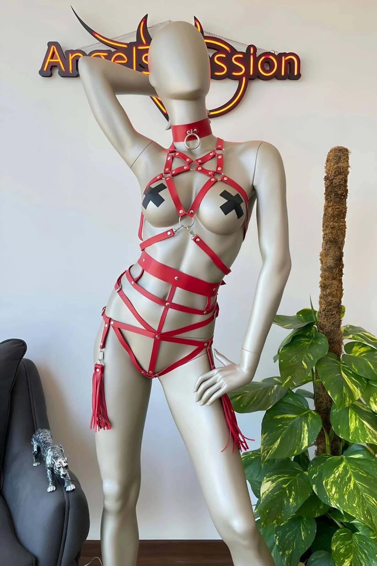 Allure Red Faux Leather Harness Lingerie Set with Choker Collar