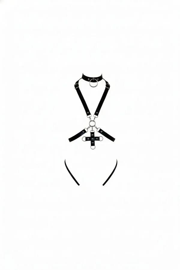 Faux Leather Body Harness with Choker & Cross Pendant