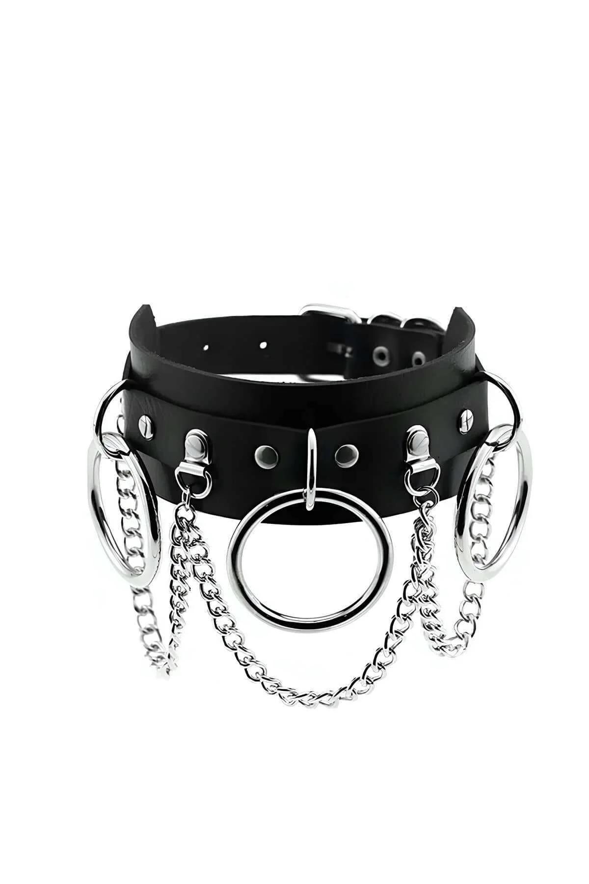 Adjustable Choker Collar with Rings and Chains Faux Leather