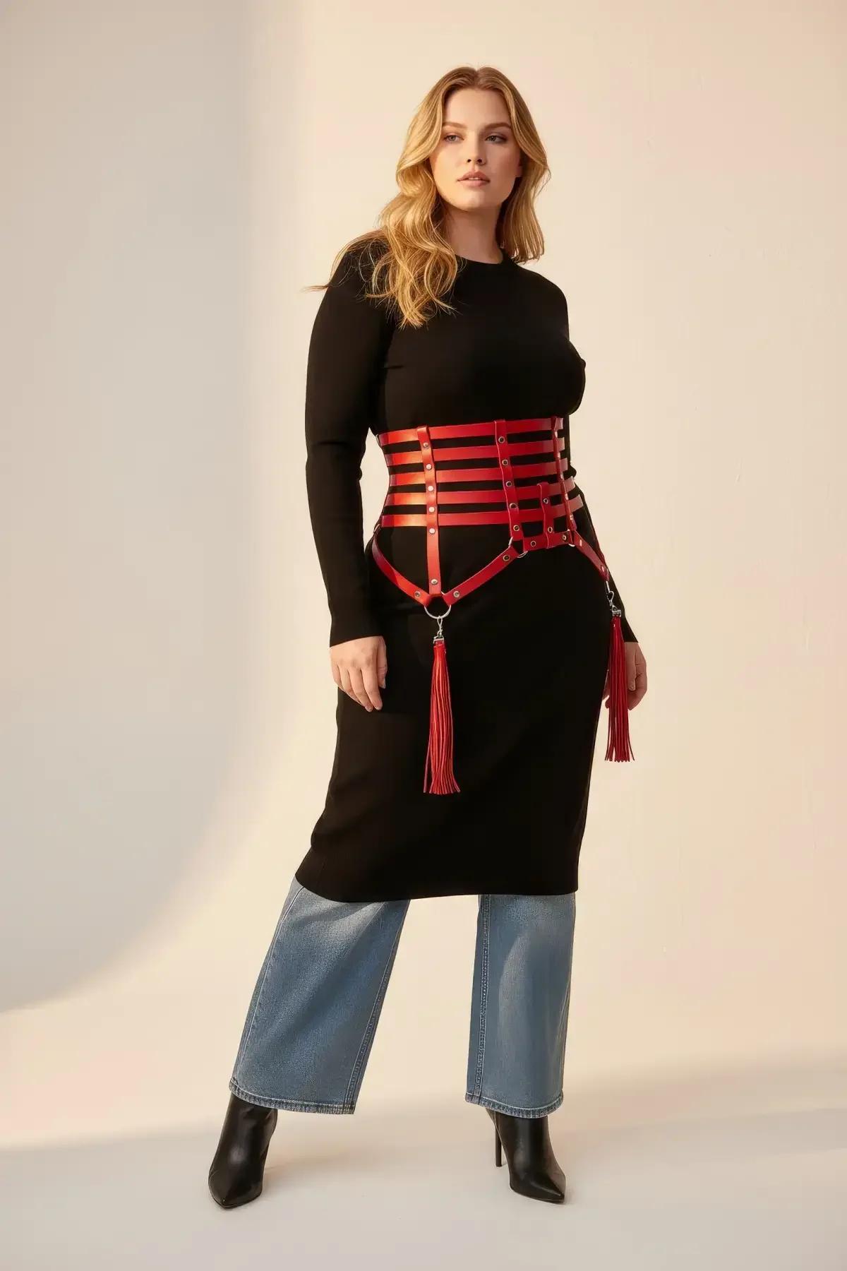 Red Faux Leather Caged Waist Harness with Tassels
