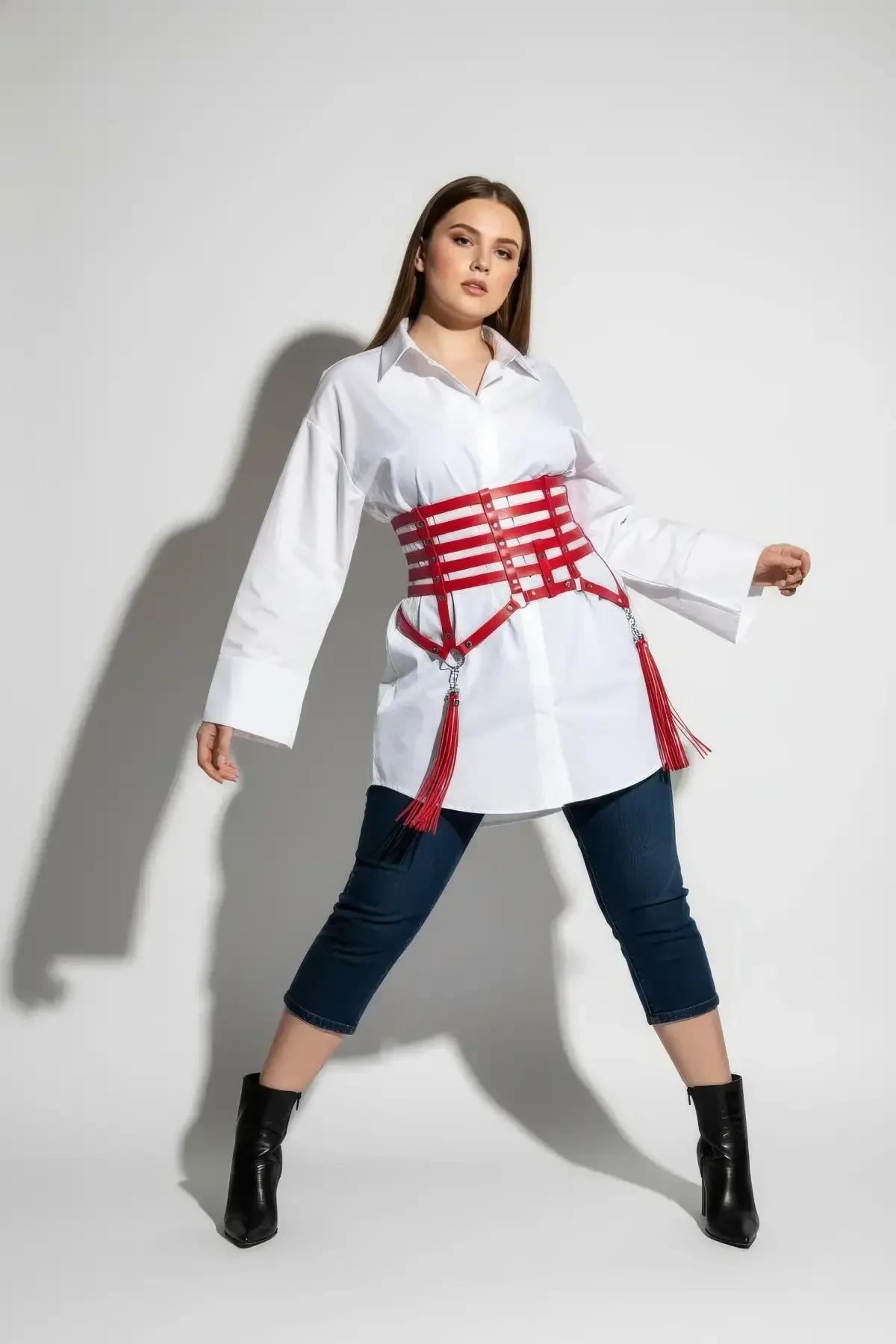 Red Faux Leather Caged Waist Harness with Tassels