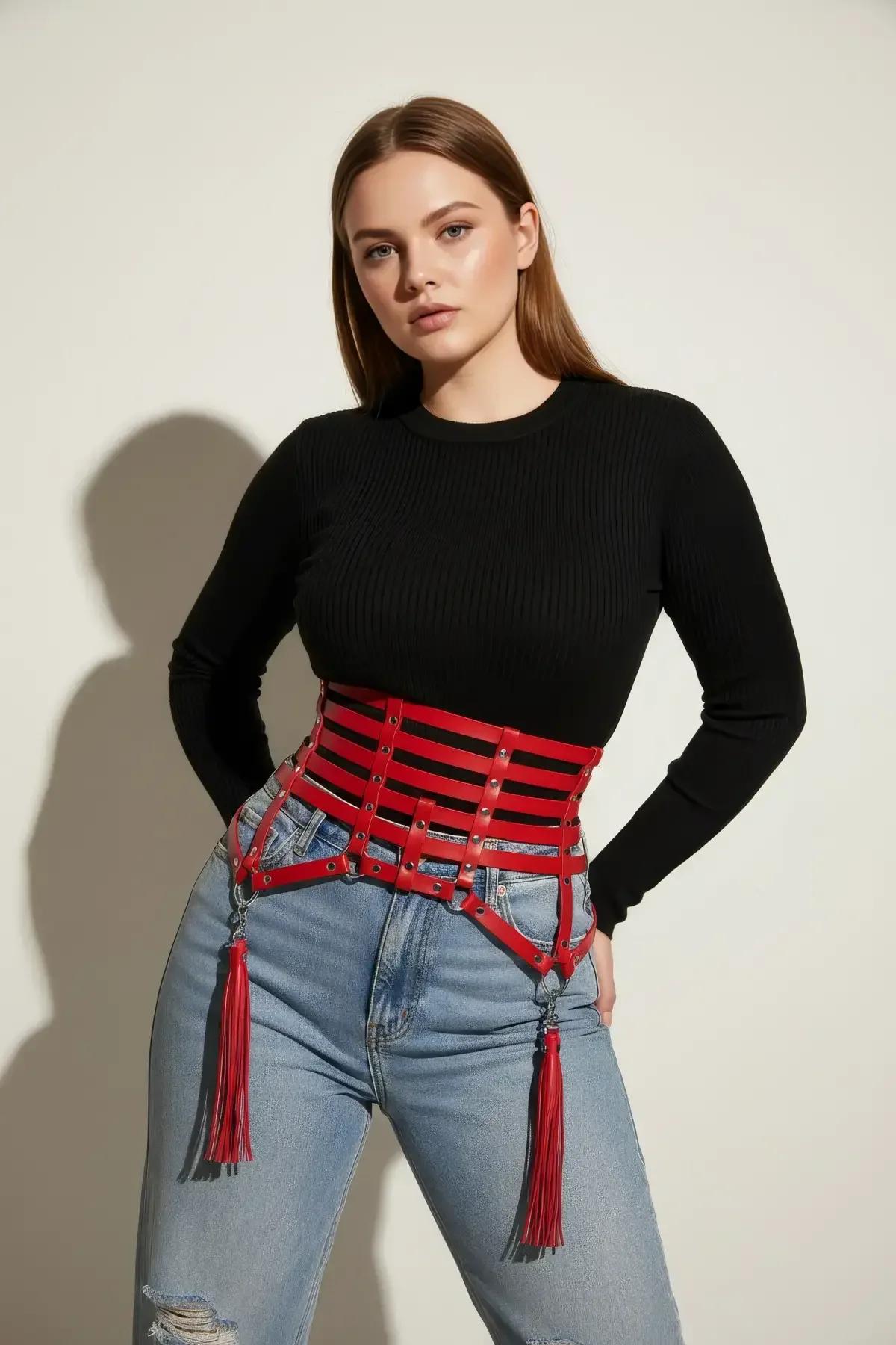 Red Faux Leather Caged Waist Harness with Tassels