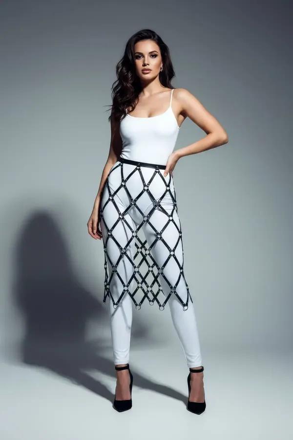 Caged Faux Leather Overlay Skirt with O-Rings