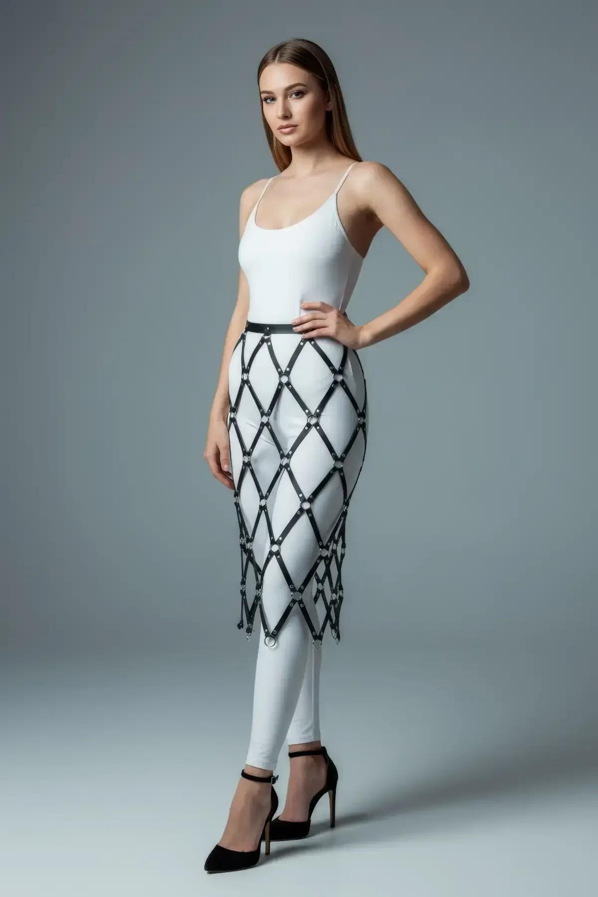 Caged Faux Leather Overlay Skirt with O-Rings