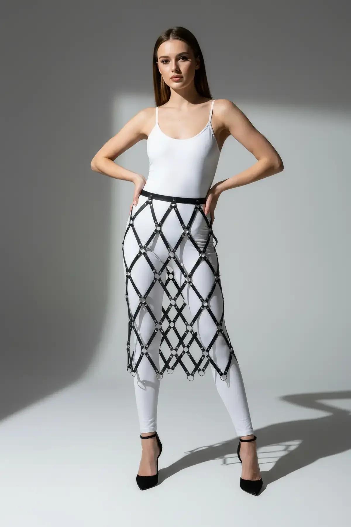 Caged Faux Leather Overlay Skirt with O-Rings
