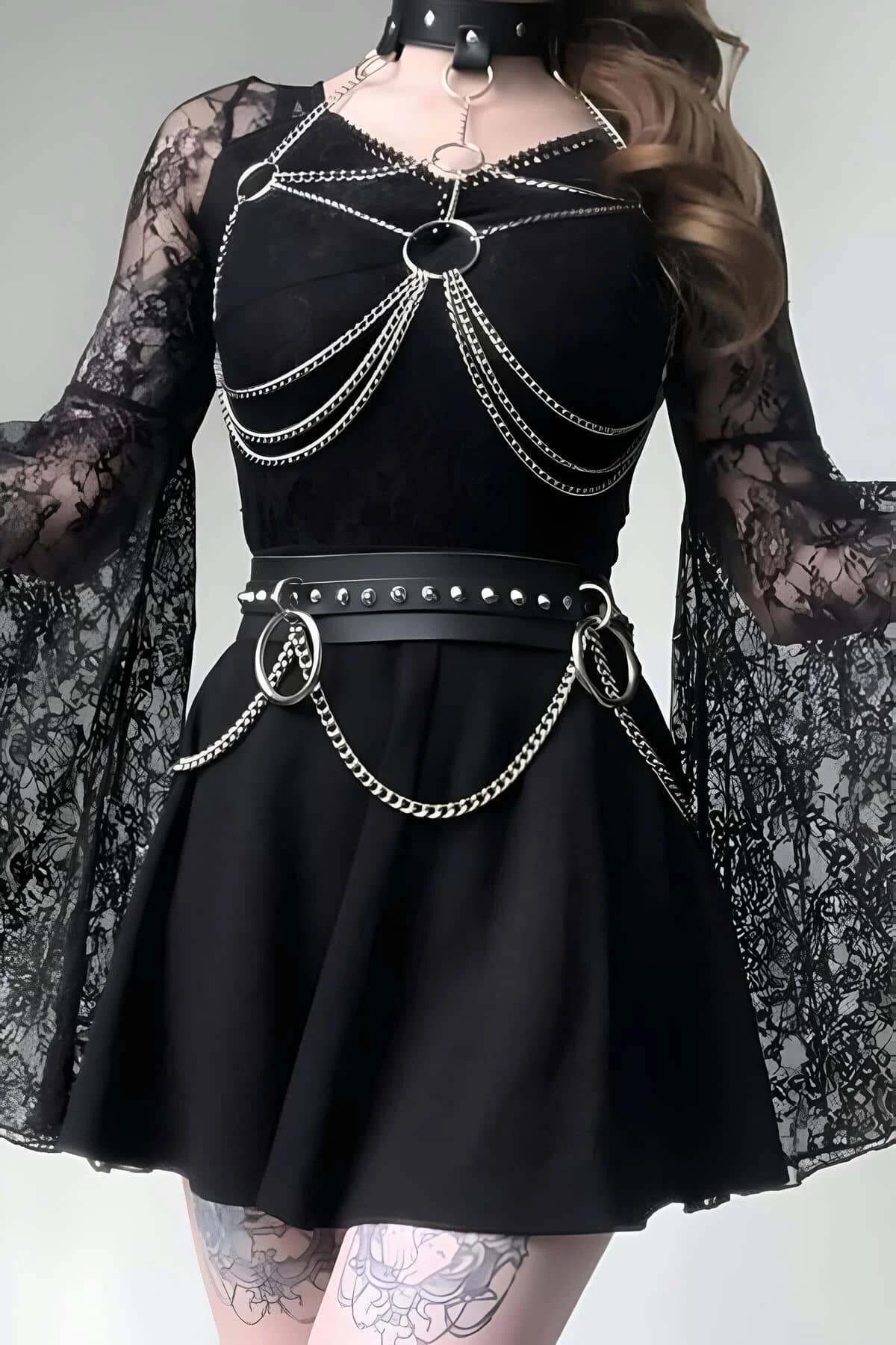 Gothic Chain Harness Set with Studded Waist Belt and Choker