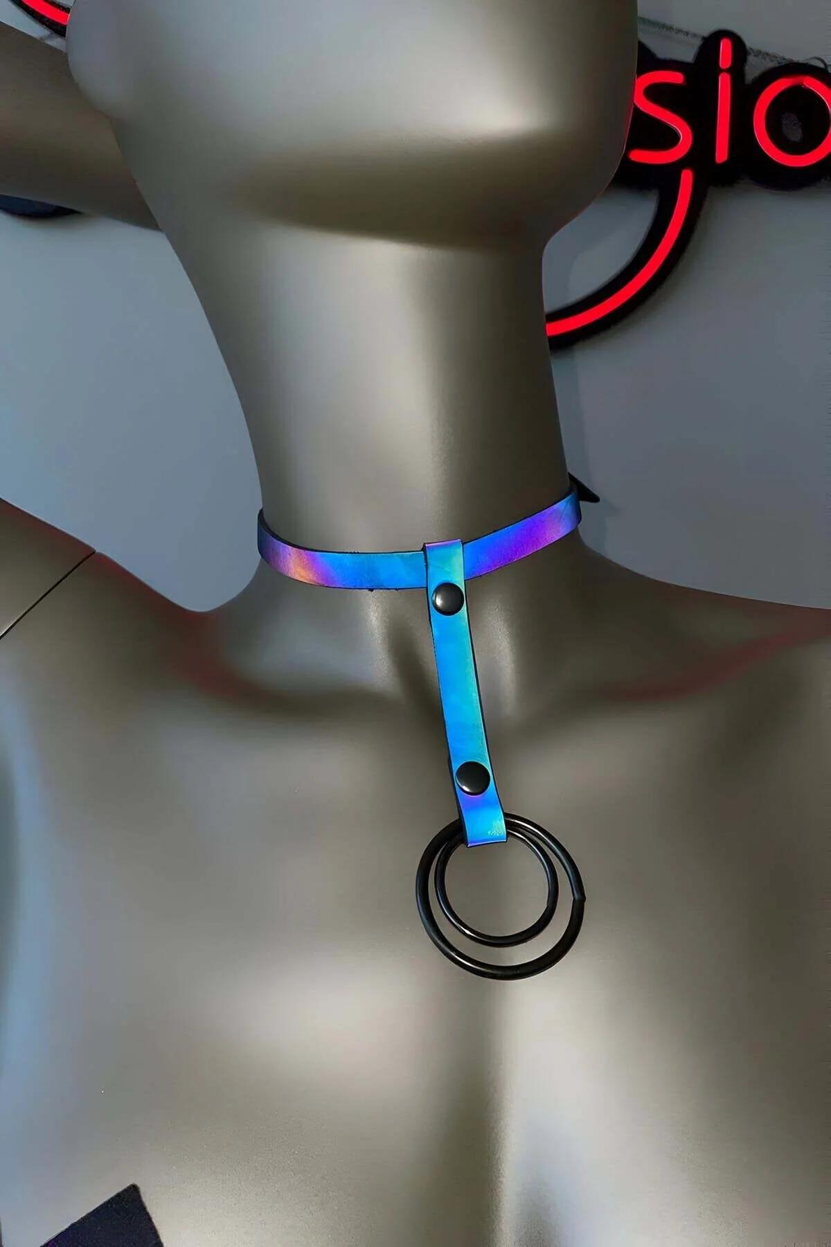 Iridescent Reflective Choker Harness with O-Ring Drop