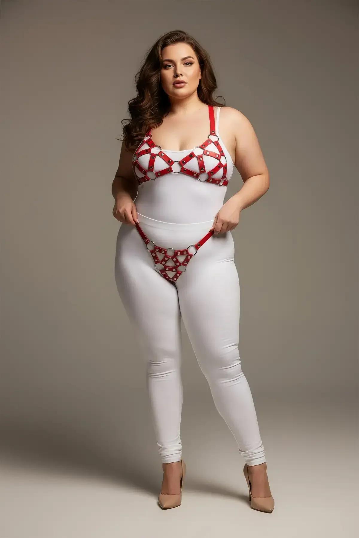 Red Cage Bra & Panty Harness Set with O-Rings