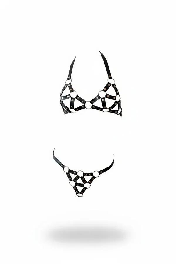 Caged Bralette and Thong Harness Set with O-Rings