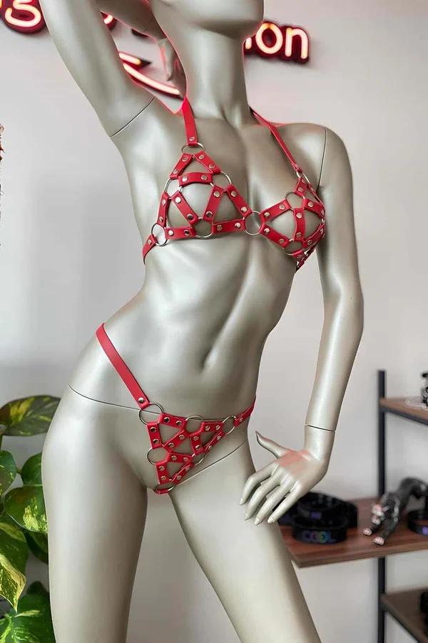 Red Leather Harness Set - Adjustable Strappy Body Lingerie