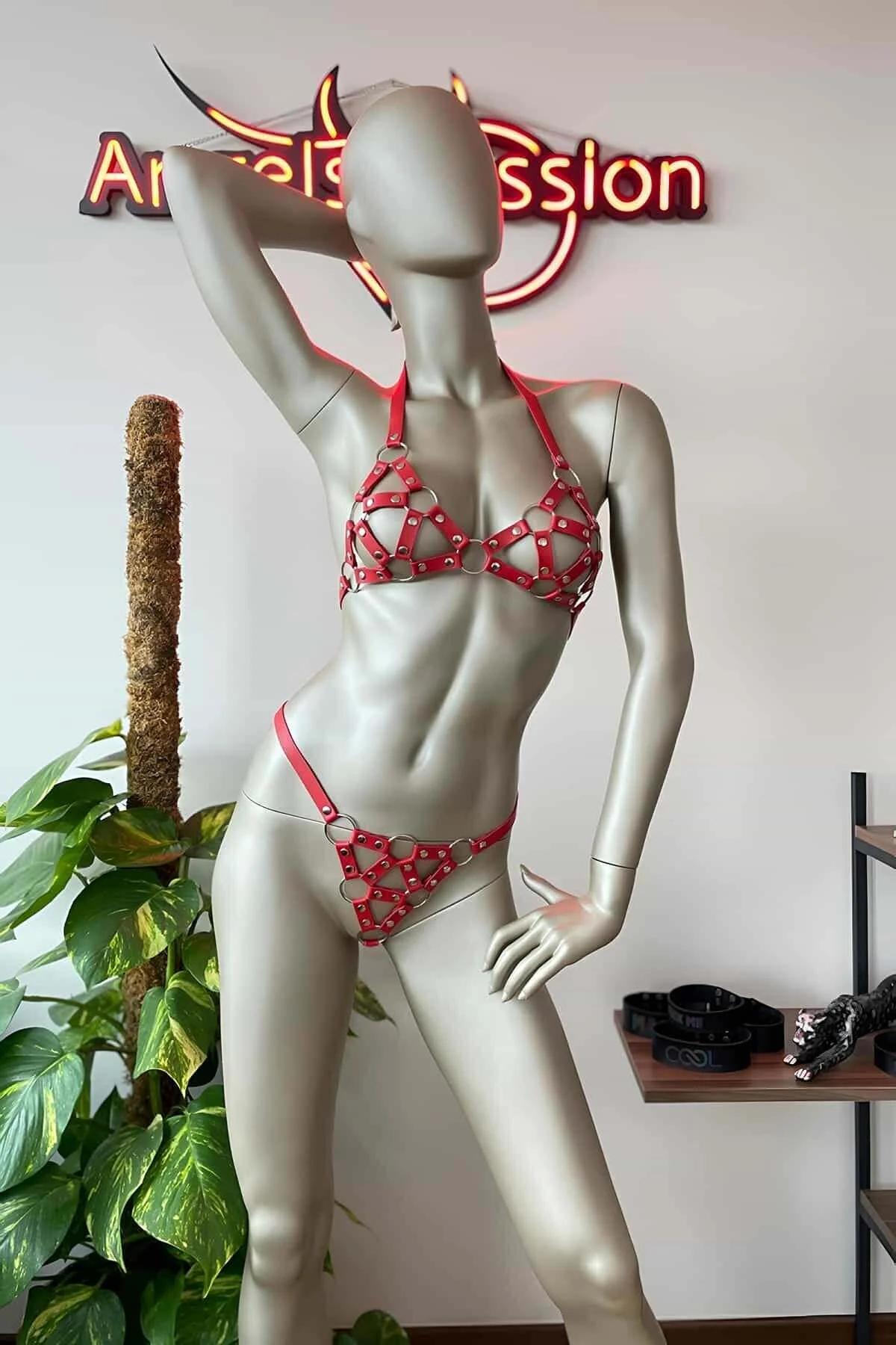Red Leather Harness Set - Adjustable Strappy Body Lingerie