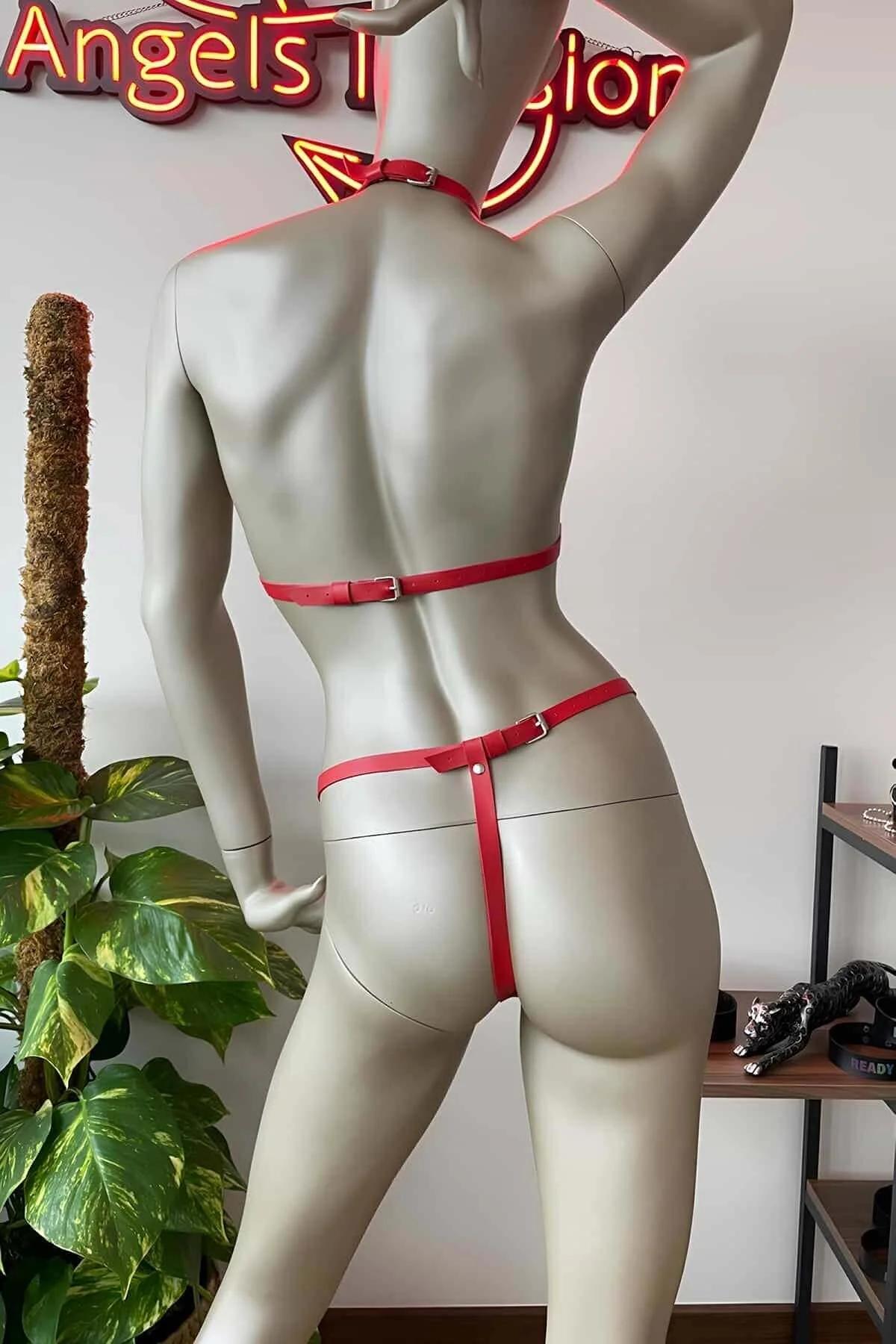 Red Leather Harness Set - Adjustable Strappy Body Lingerie