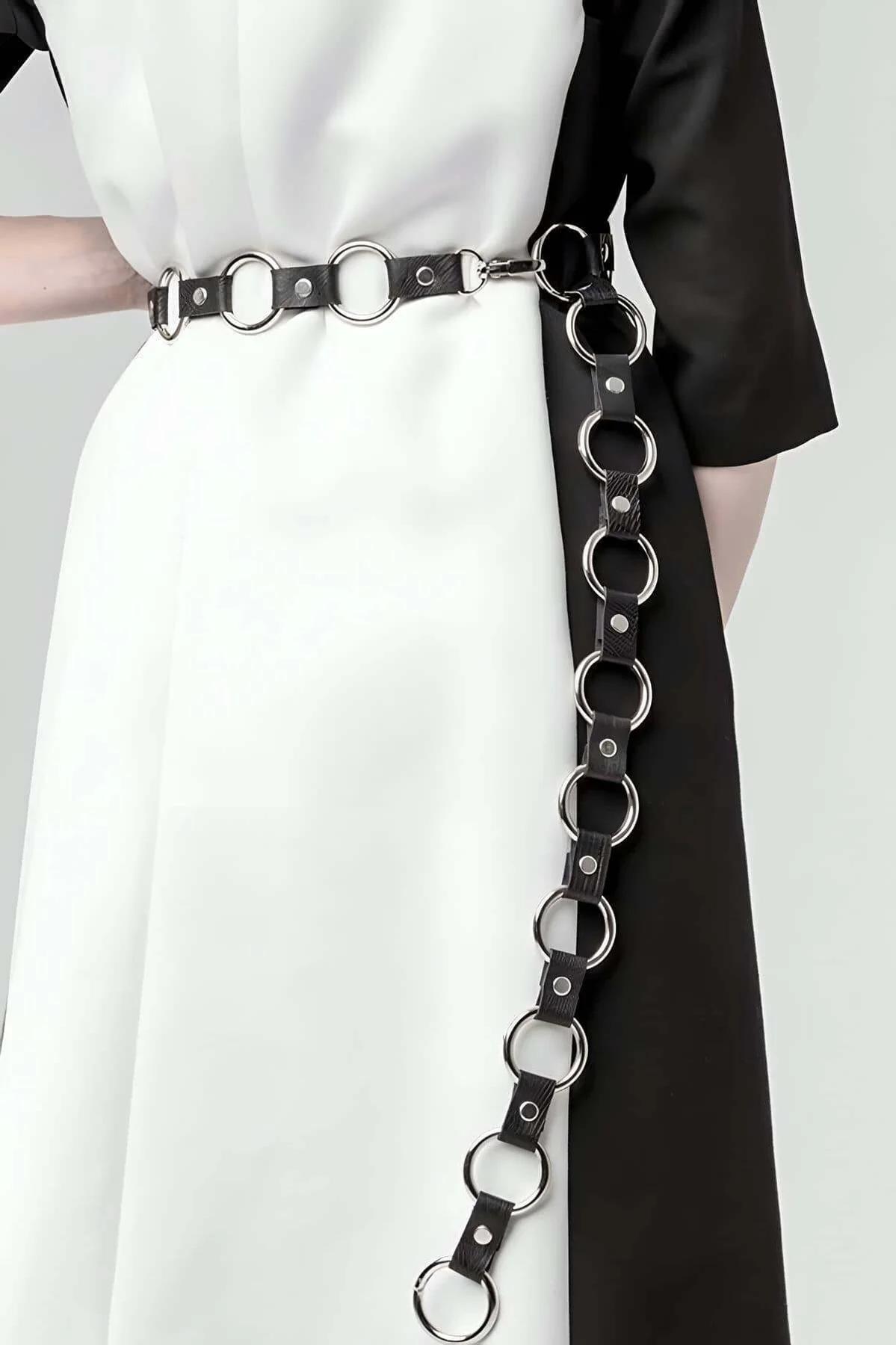 Womens Ring Chain Belt - Edgy Faux Leather Waist Accessory