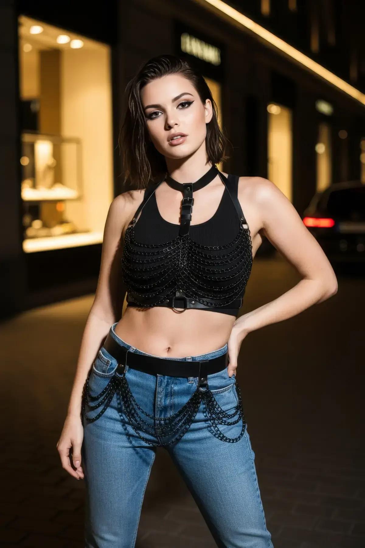 Faux Leather Chest Harness with Multi-Layer Chains