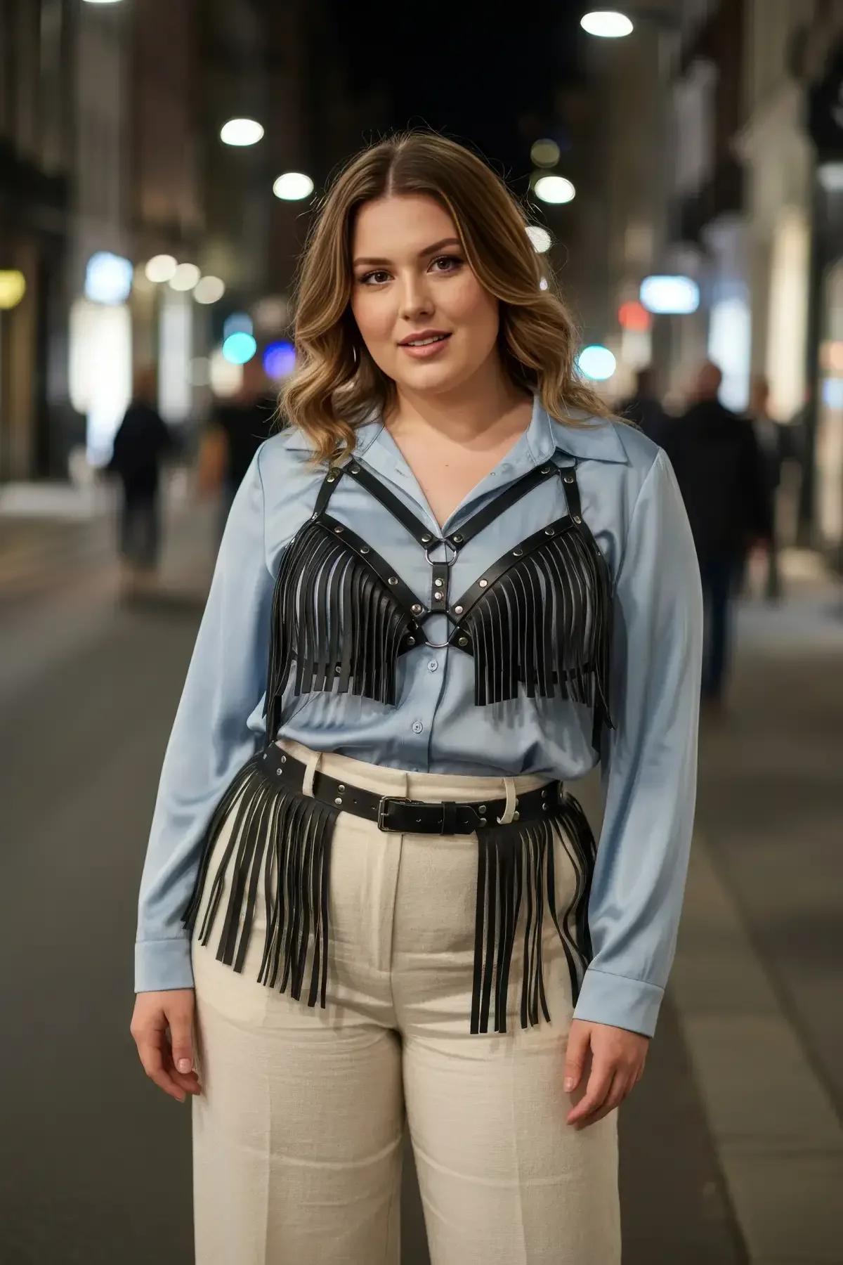 Fringe Faux Leather Chest Harness & Waist Belt Set