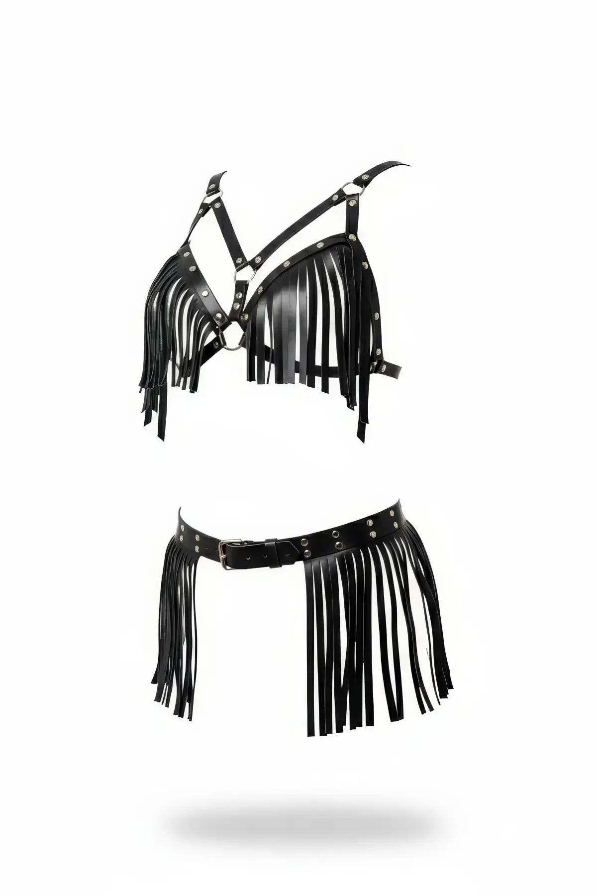 Fringe Faux Leather Bra Top and Skirt Harness Set