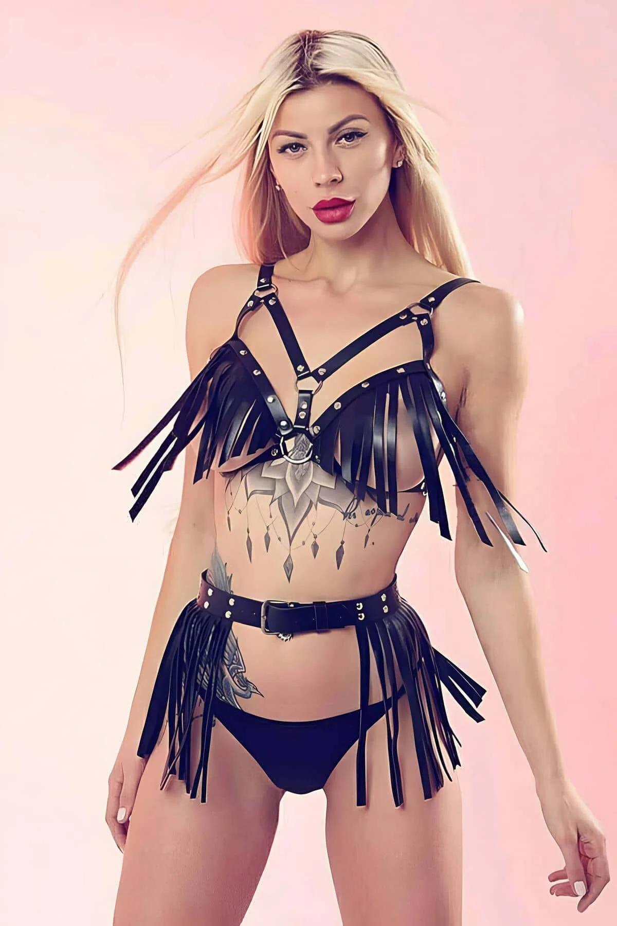 Leather Fringe Harness Set with Adjustable Straps