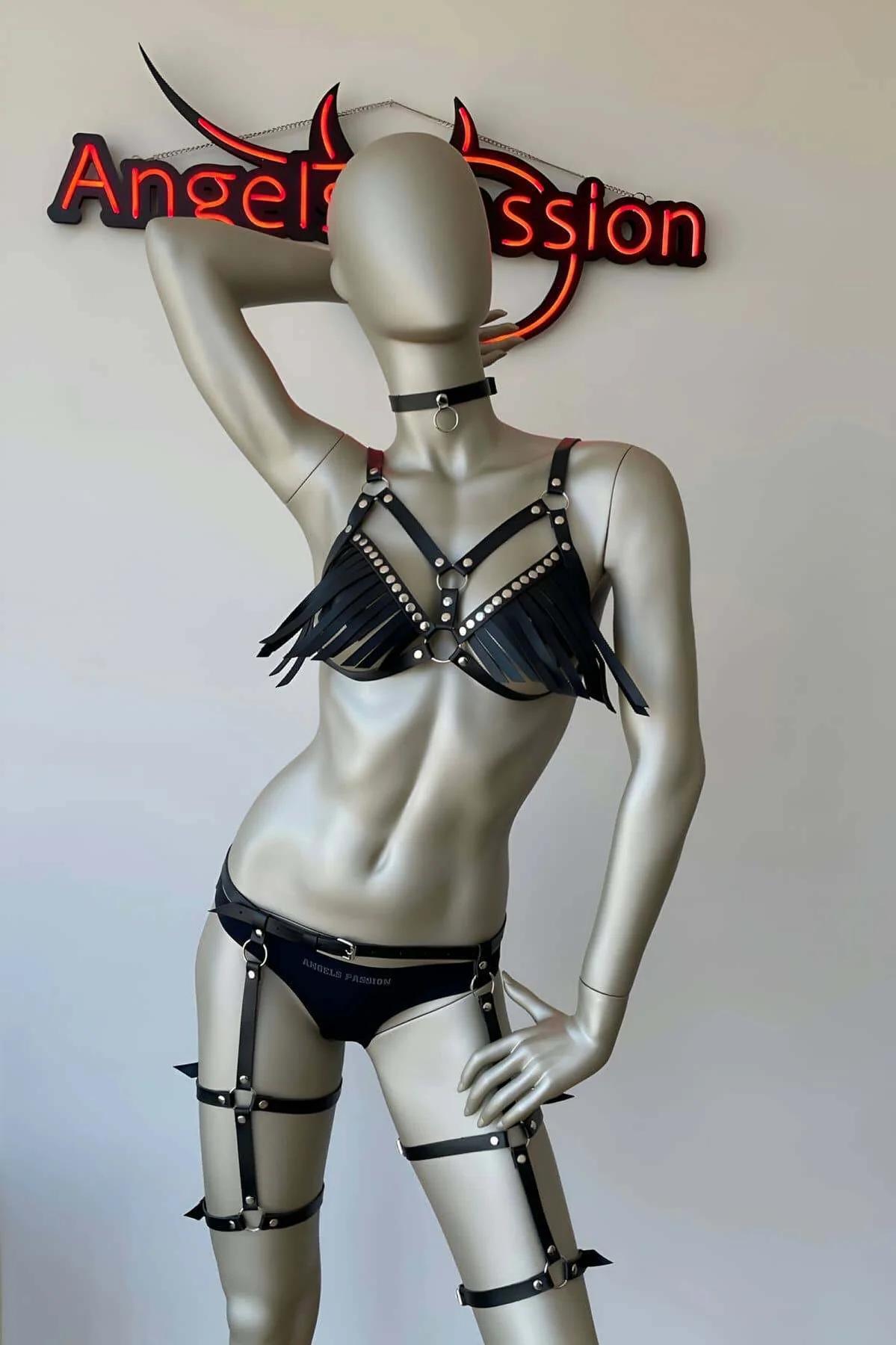 Faux Leather Fringe Body Harness & Garter Set