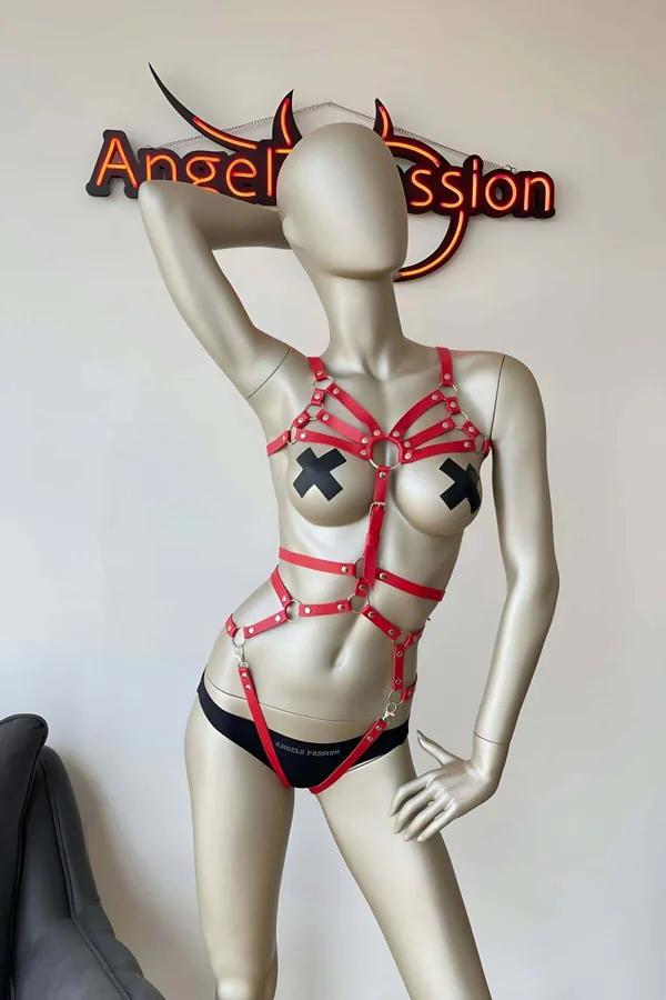 Ruby Red Faux Leather Full Body Harness with O-Rings