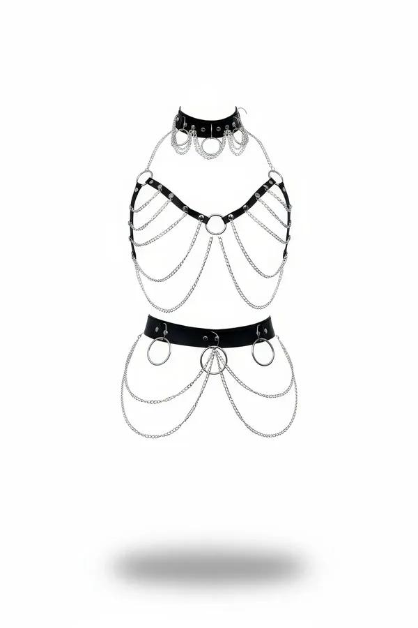Faux Leather Body Harness with Chain Skirt Set