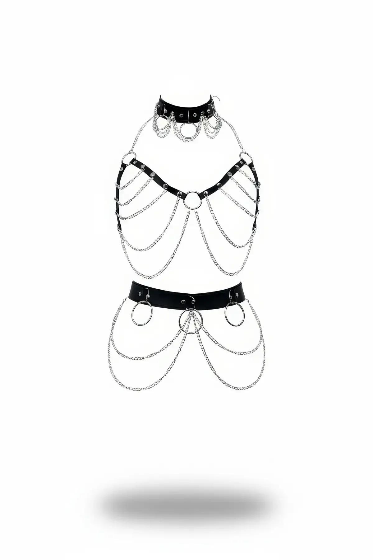 Faux Leather Body Harness with Chain Skirt Set