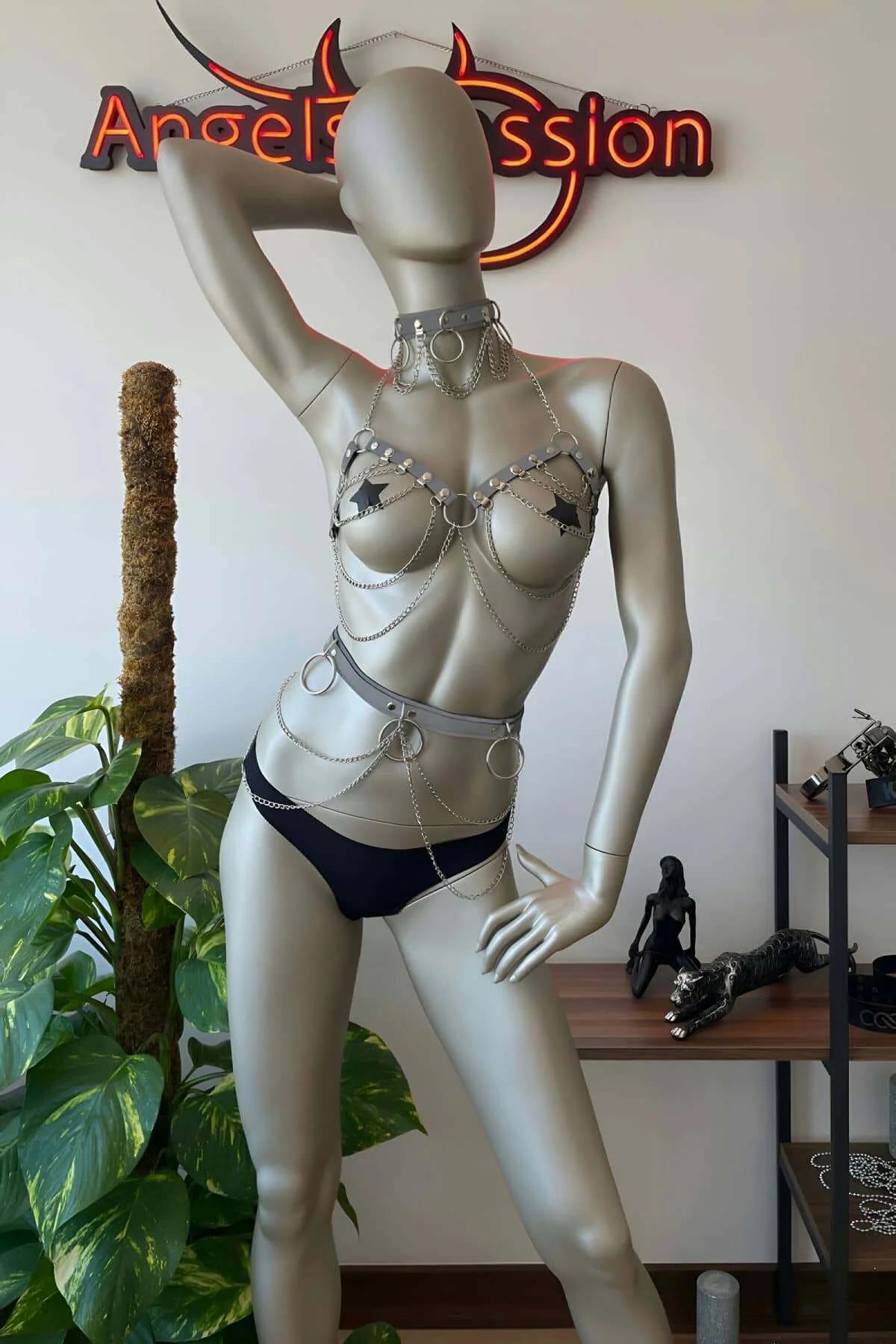 Reflective Body Harness Set with Choker and Chains