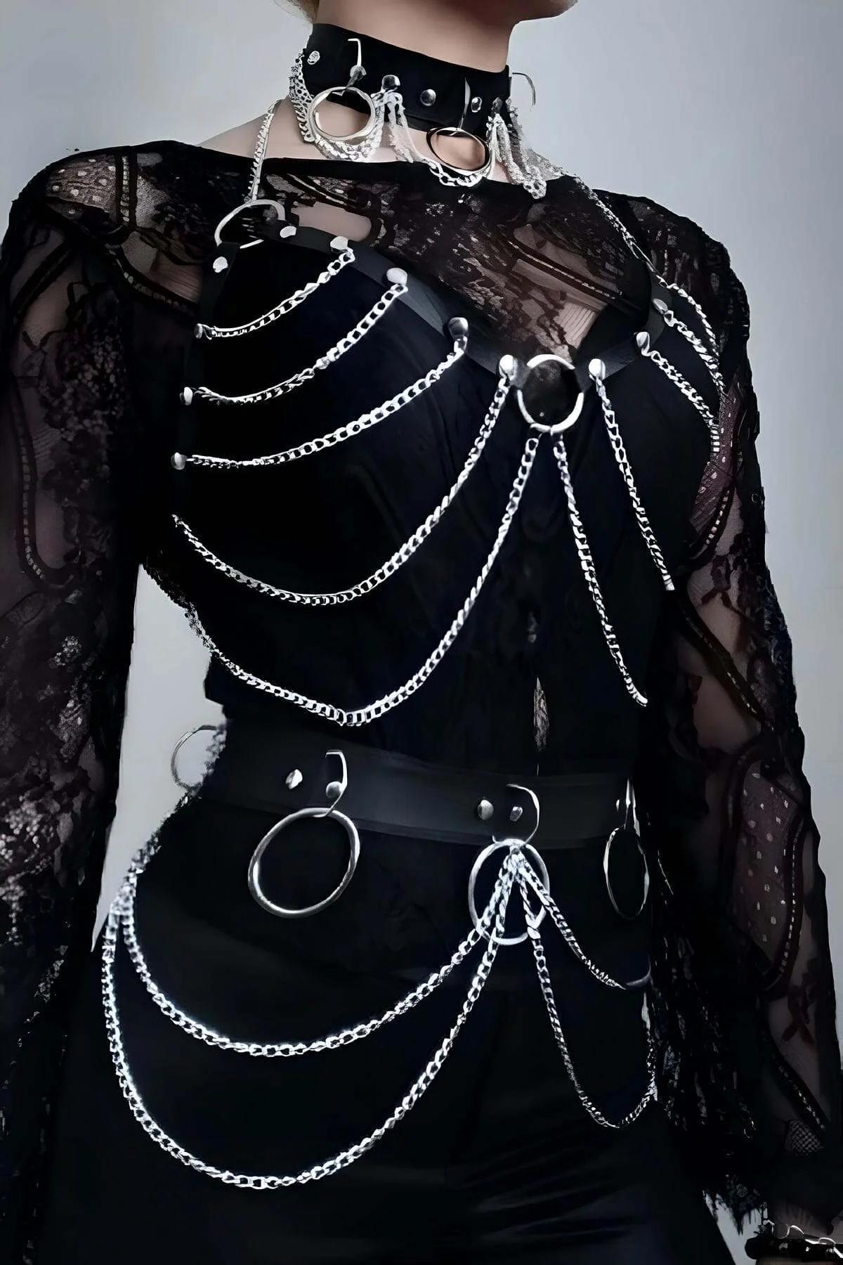 Chain Body Harness Set with Faux Leather Straps and Chains