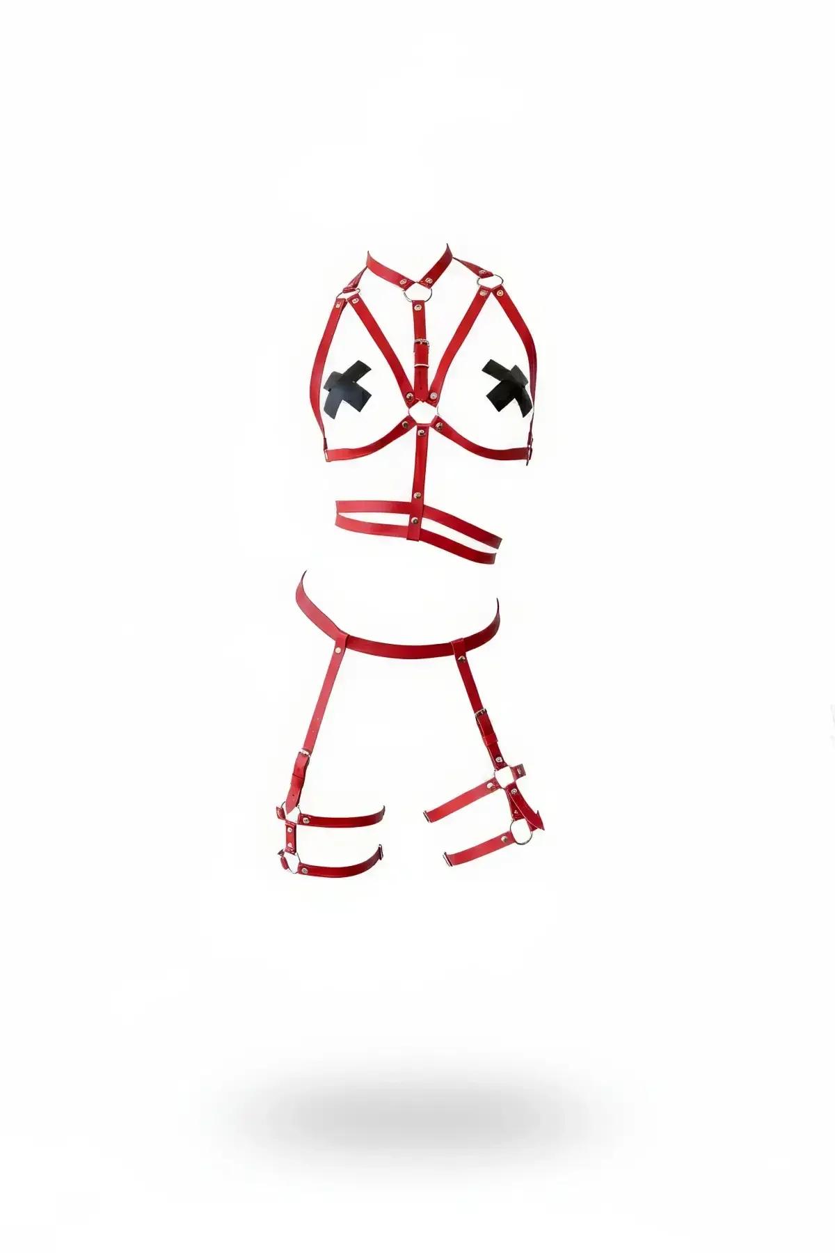 Red Faux Leather Body Harness with Garter Straps