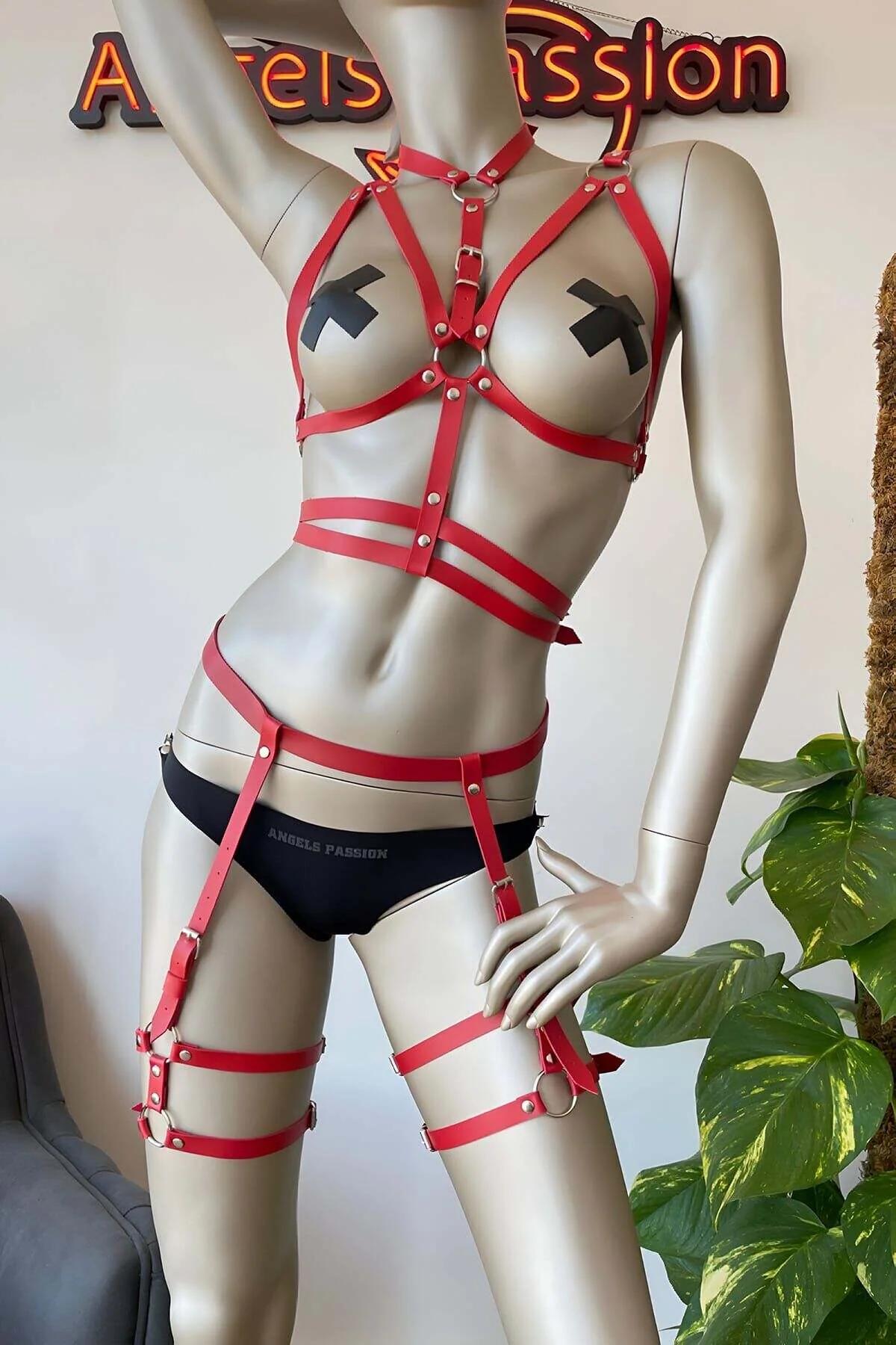Red Leather Harness Set with Adjustable Garters