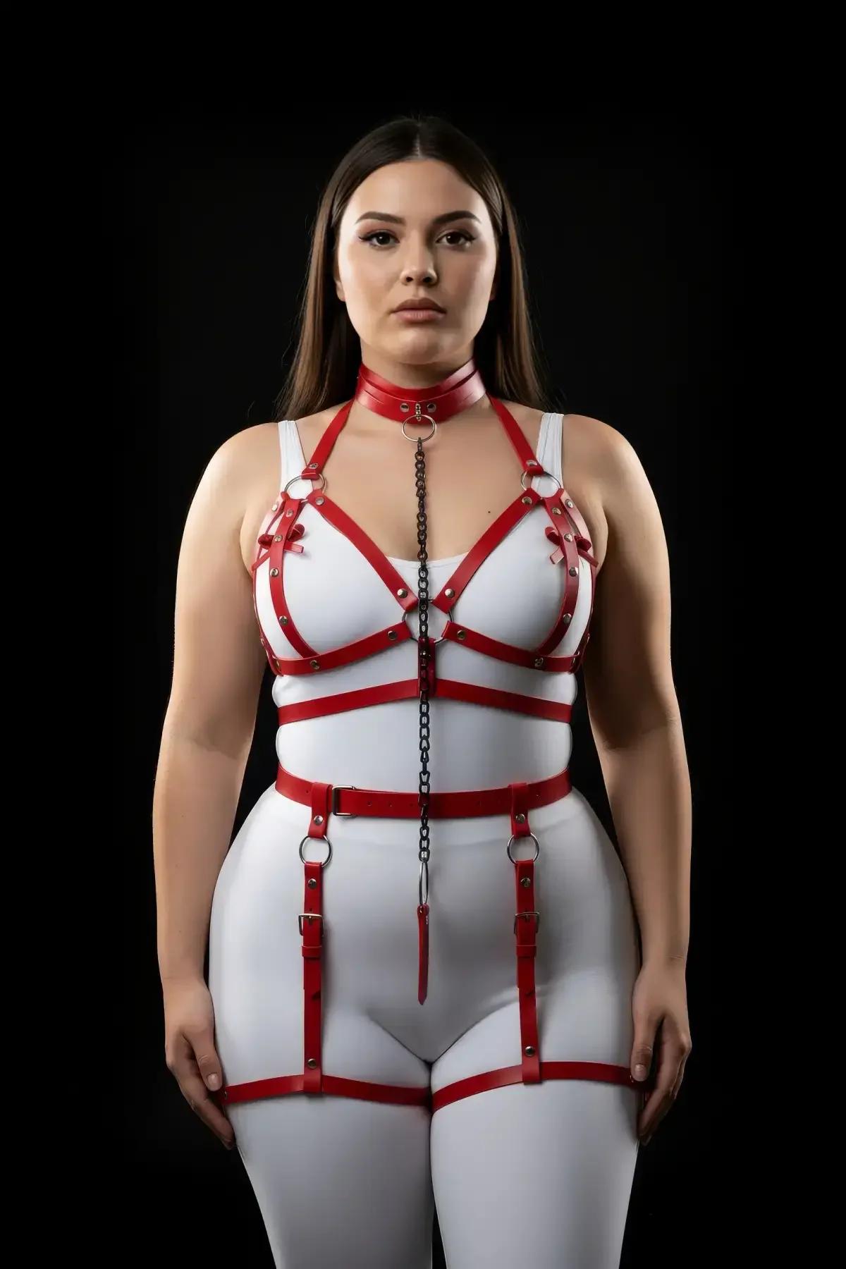 Red Full Body Harness Set with Chain and Thigh Garters
