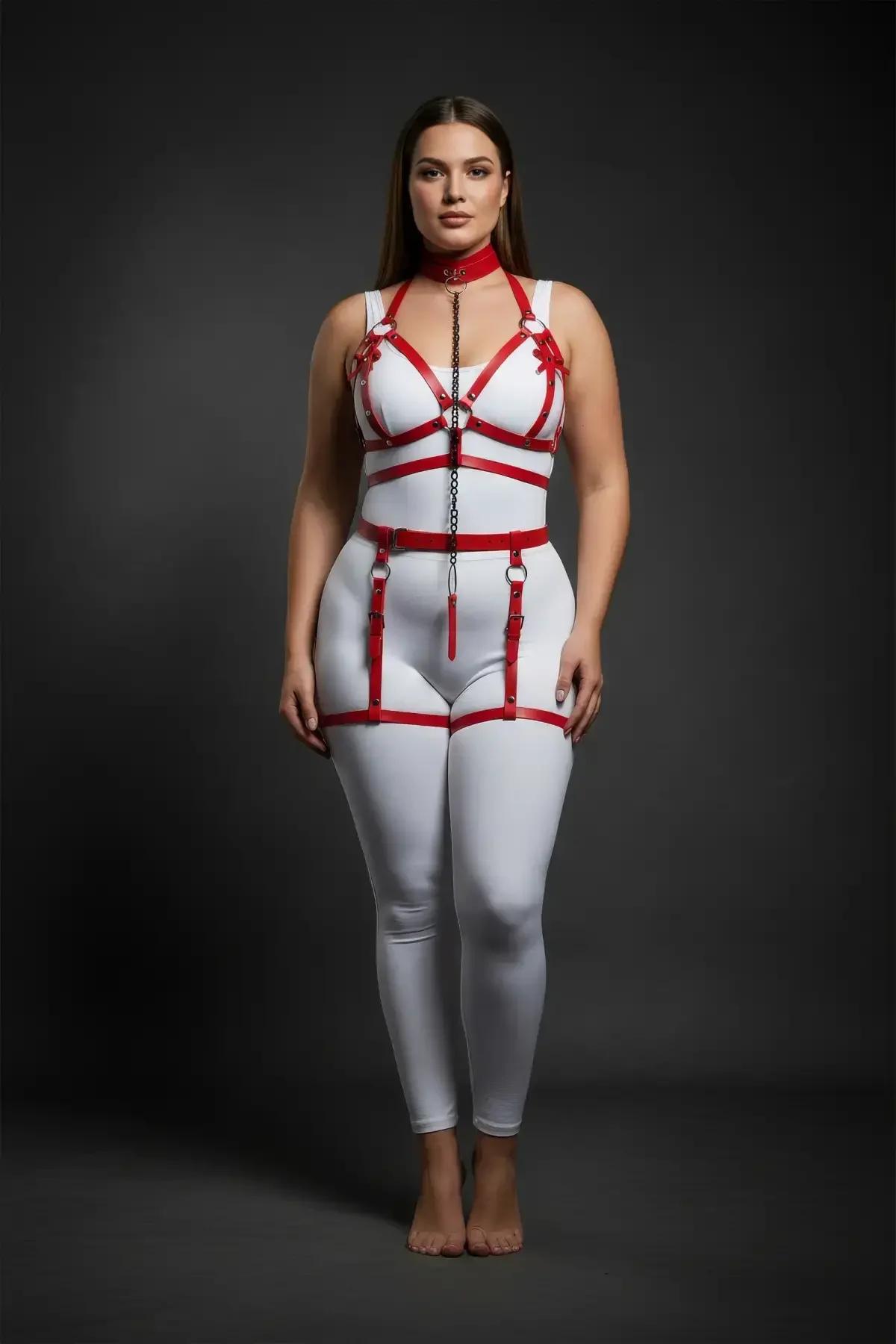 Red Full Body Harness Set with Chain and Thigh Garters