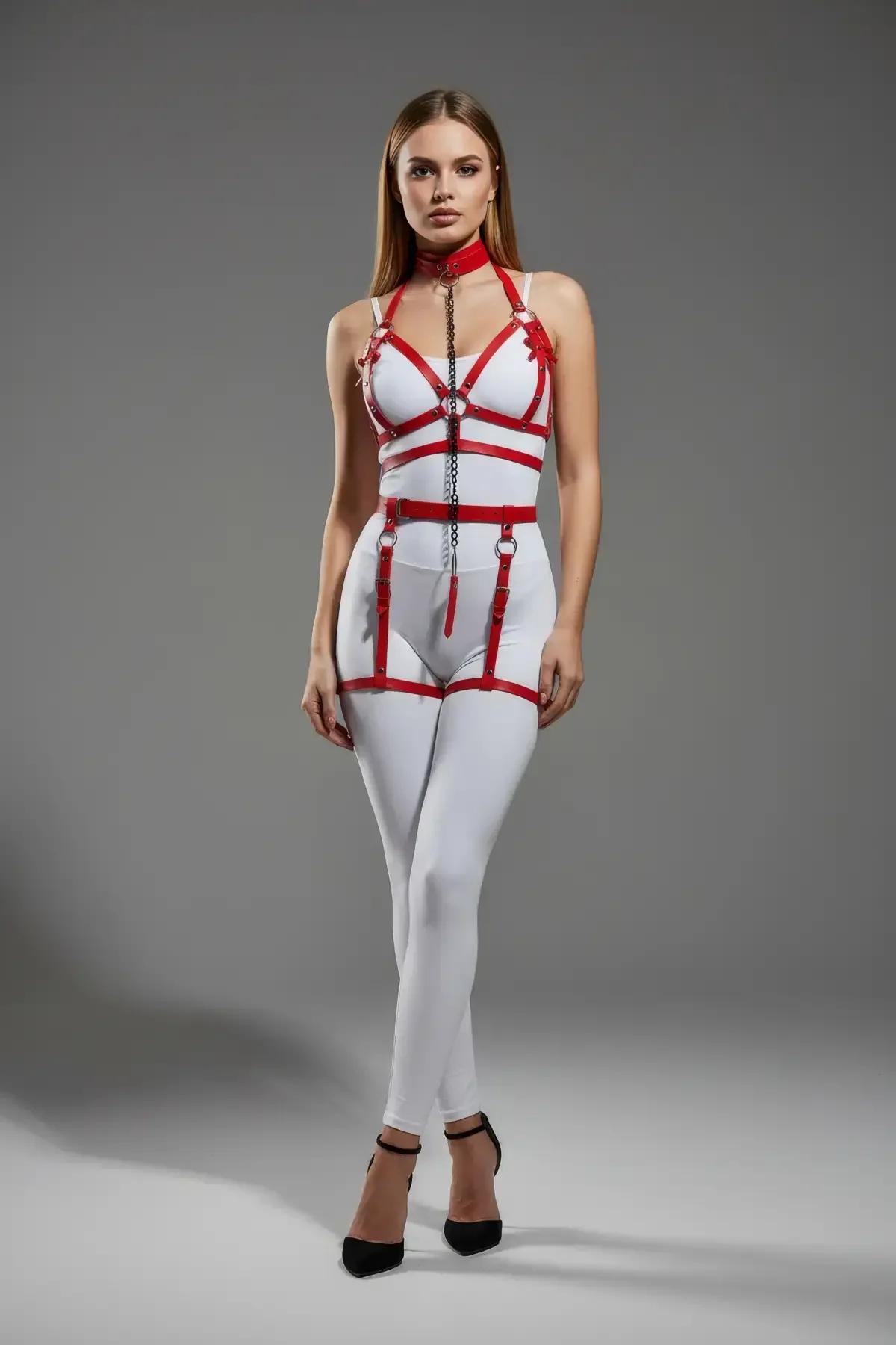 Red Full Body Harness with Choker and Leg Garters