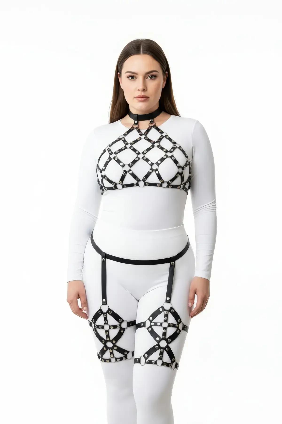 Caged Full Body Harness Set with Choker & Thigh Garters