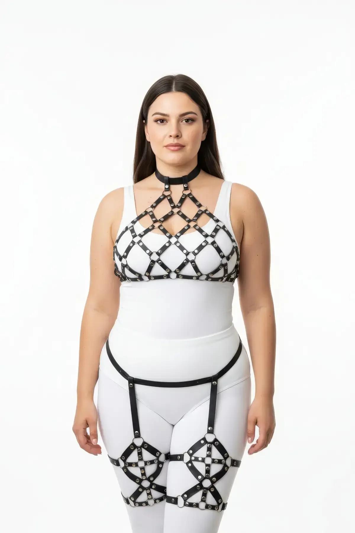 Caged Full Body Harness Set with Choker & Thigh Garters