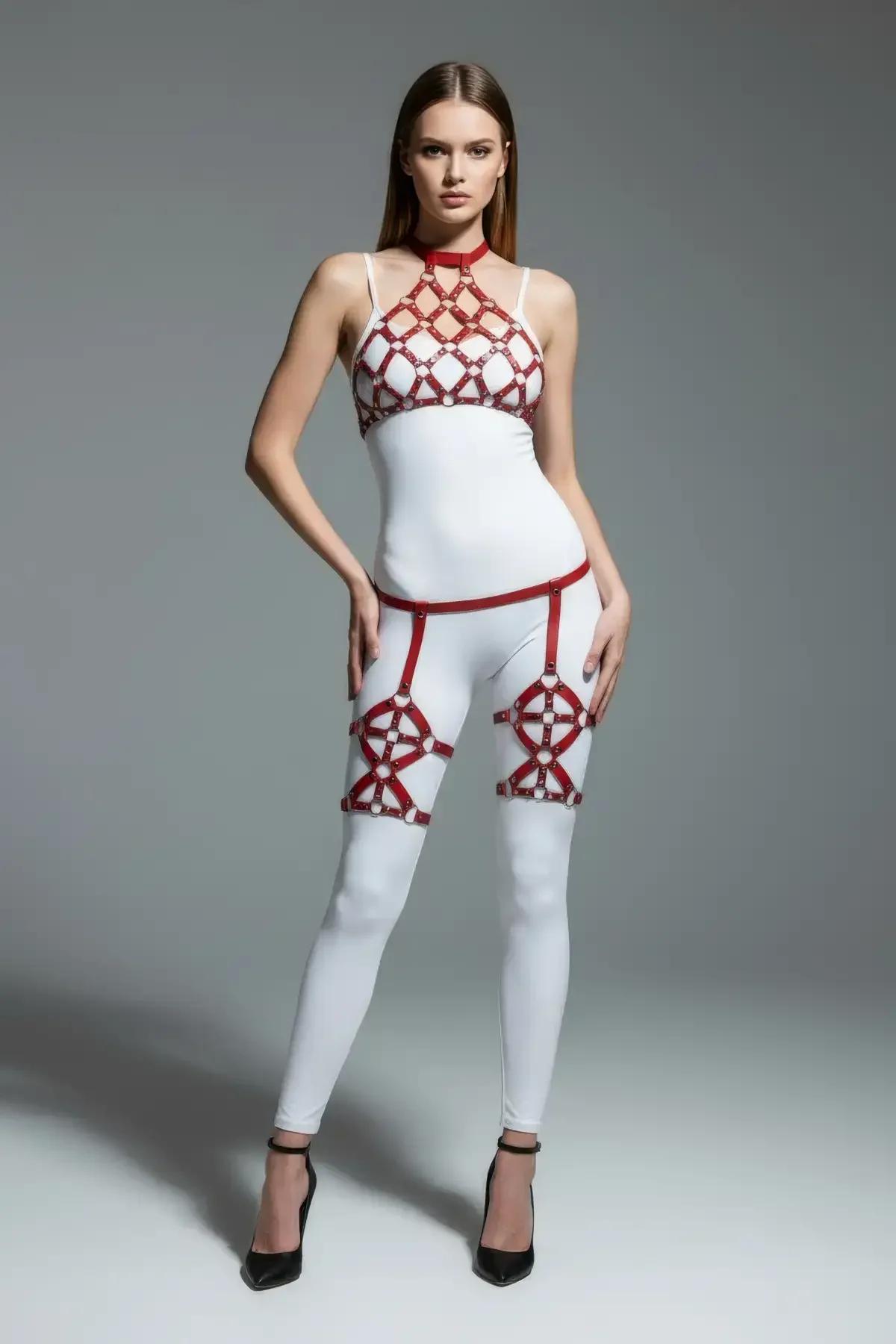 Red Vegan Leather Full Body Harness with O-Ring Details