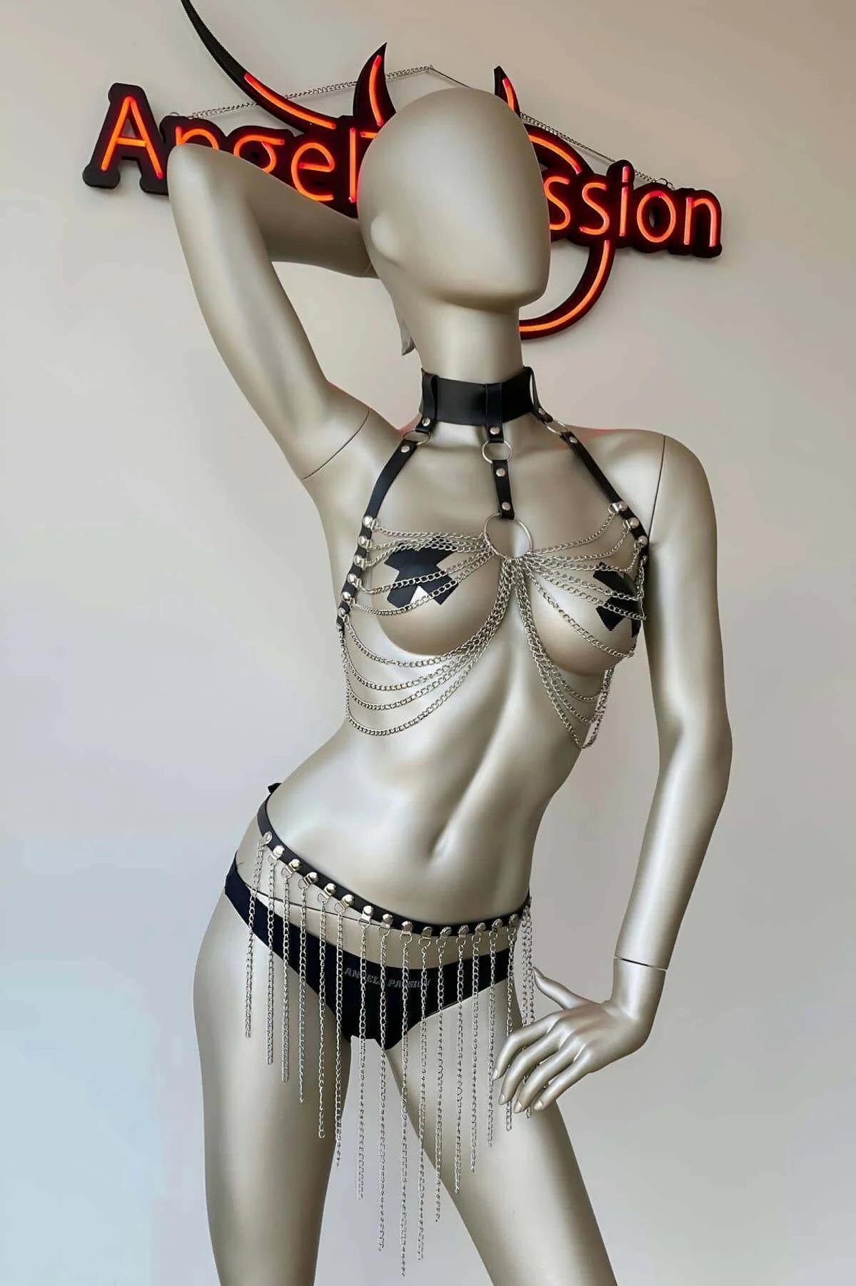 Women's Chain Body Harness Lingerie Set - Adjustable Faux Leather