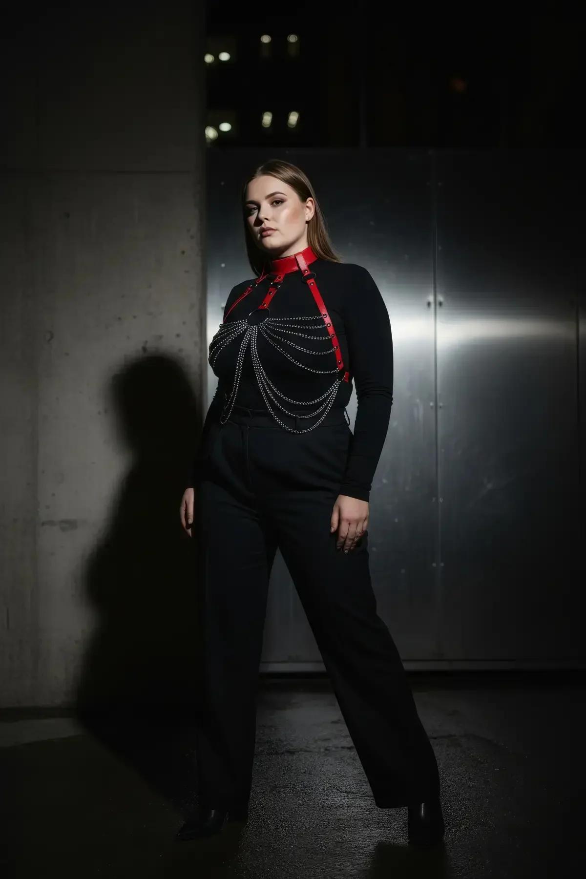 Red Faux Leather Chain Body Harness with Choker Detail