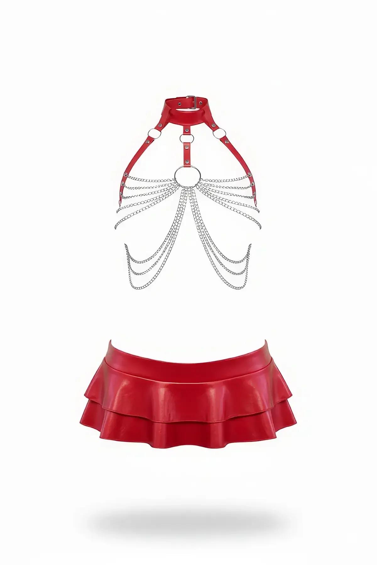 Red Faux Leather Harness & Ruffled Mini Skirt Set