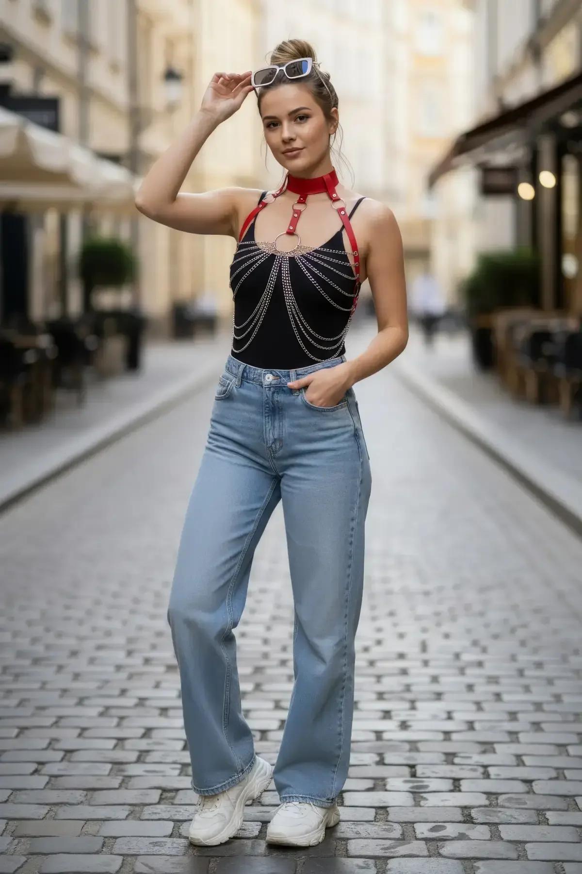 Red Faux Leather Choker Harness with Draped Chains