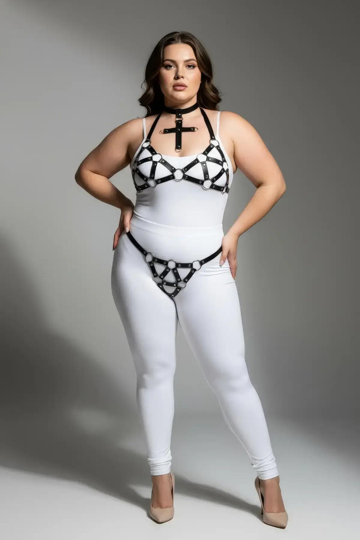Black Faux Leather Harness Set with Cross & Rings