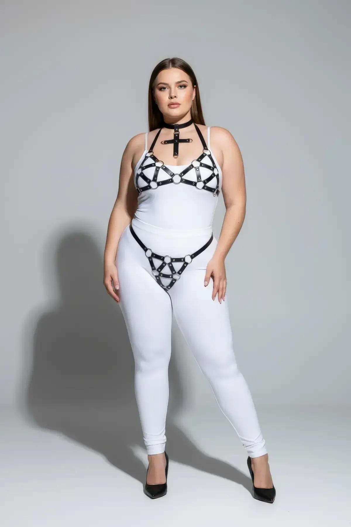 Black Faux Leather Harness Set with Cross & Rings