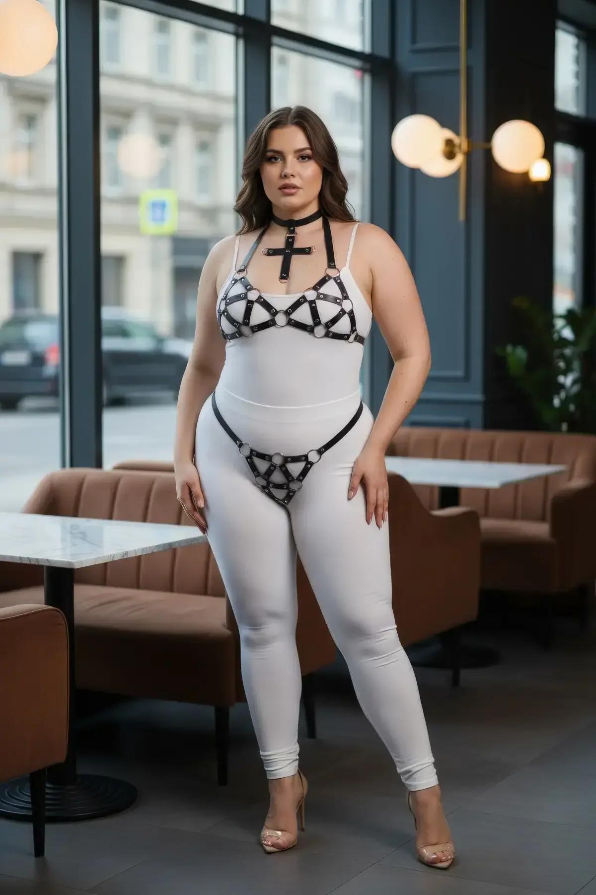 Black Faux Leather Harness Set with Cross & Rings