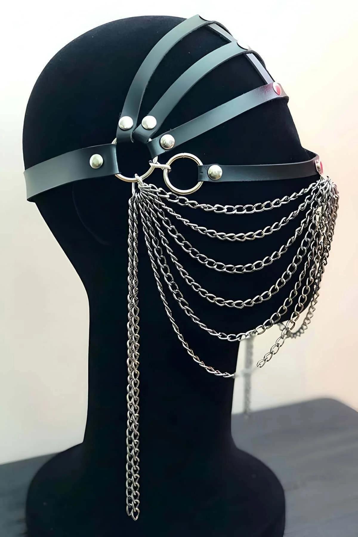 Adjustable Leather Chain Face Mask - Gothic Festival Style
