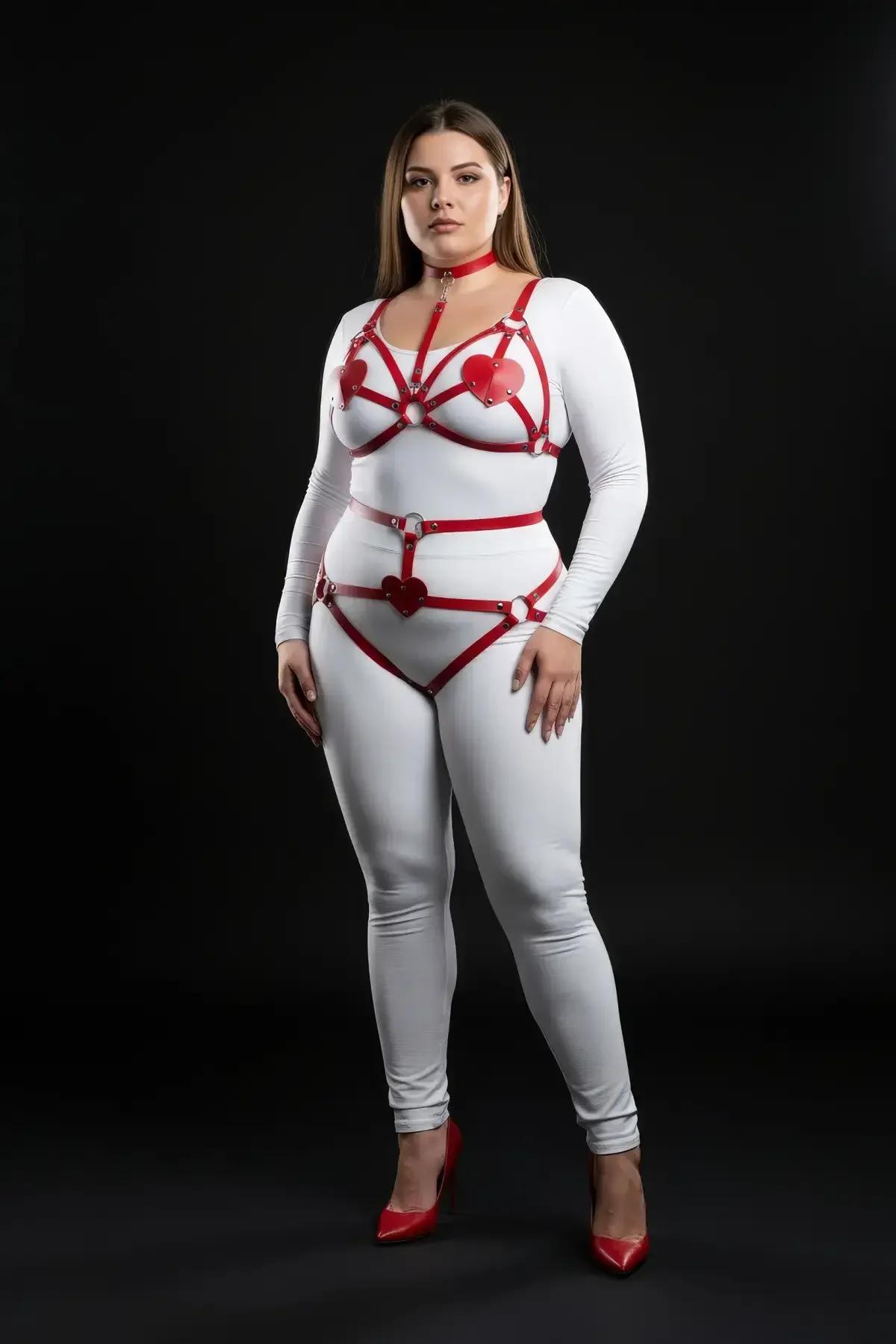 Red Heart Detail Body Harness and Thong Set