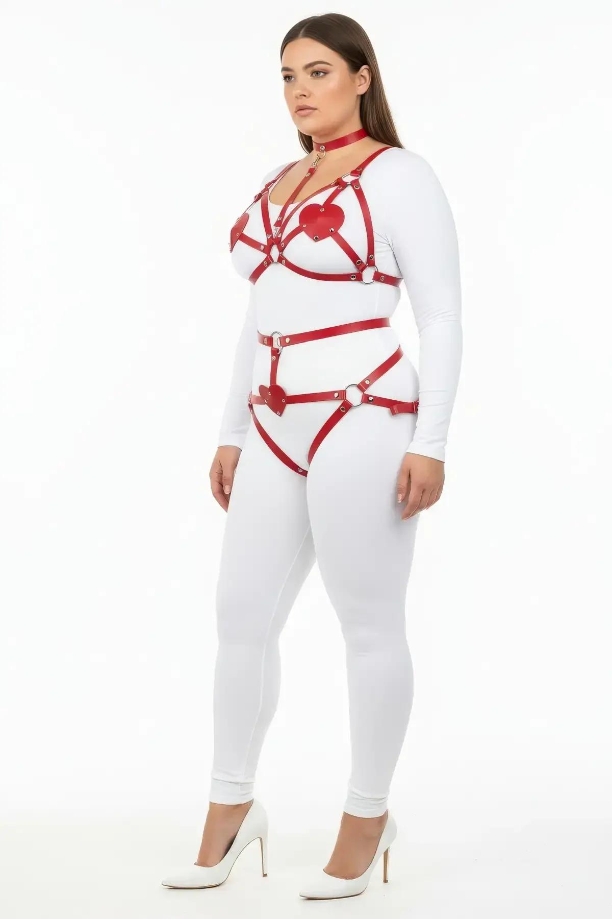 Red Heart Detail Body Harness and Thong Set